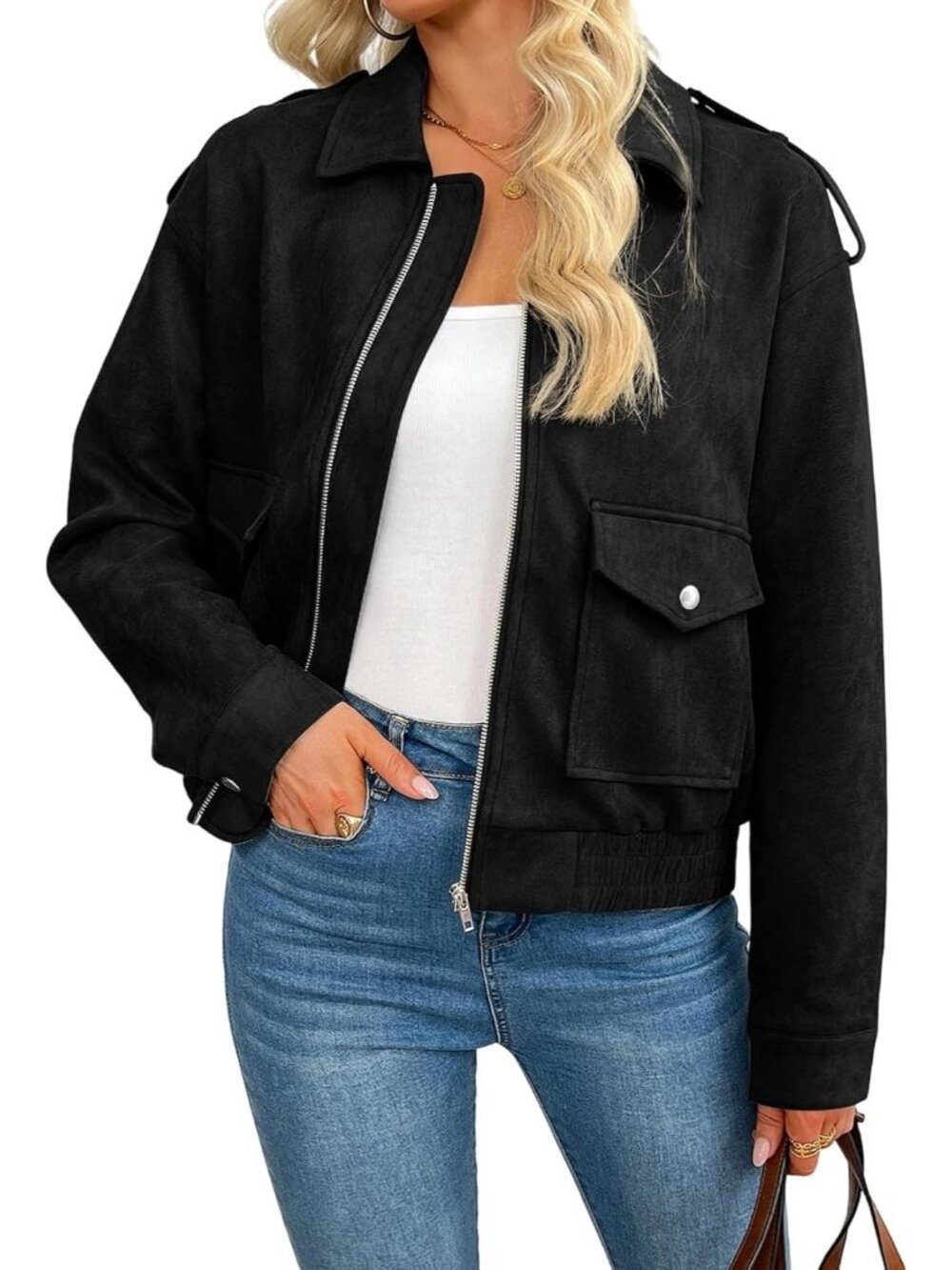 Women's Black Faux Suede ZIP Up Loose Fit Casual Fall Outerwear Coat Jacket